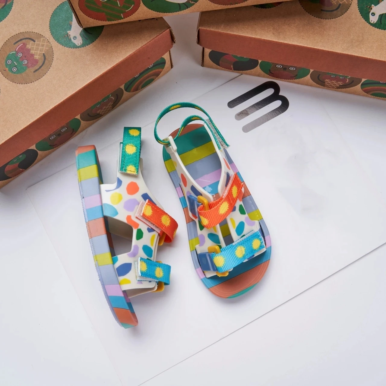 Mini Melissa Summer Children's Sandals Kids Flat Bottom Button Sport Casual Shoes Boys Girls Printed Contrast Roman Beach Shoes 6