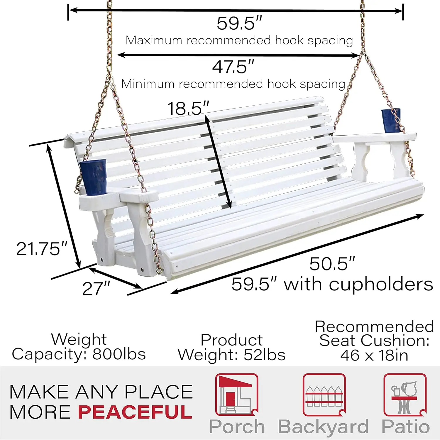 Amish Casual 4 Foot Roll Back Porch Swing Cup Holders Semi-Solid White Stain Amish Made in The USA From Treated Pine 700 Lb. 5