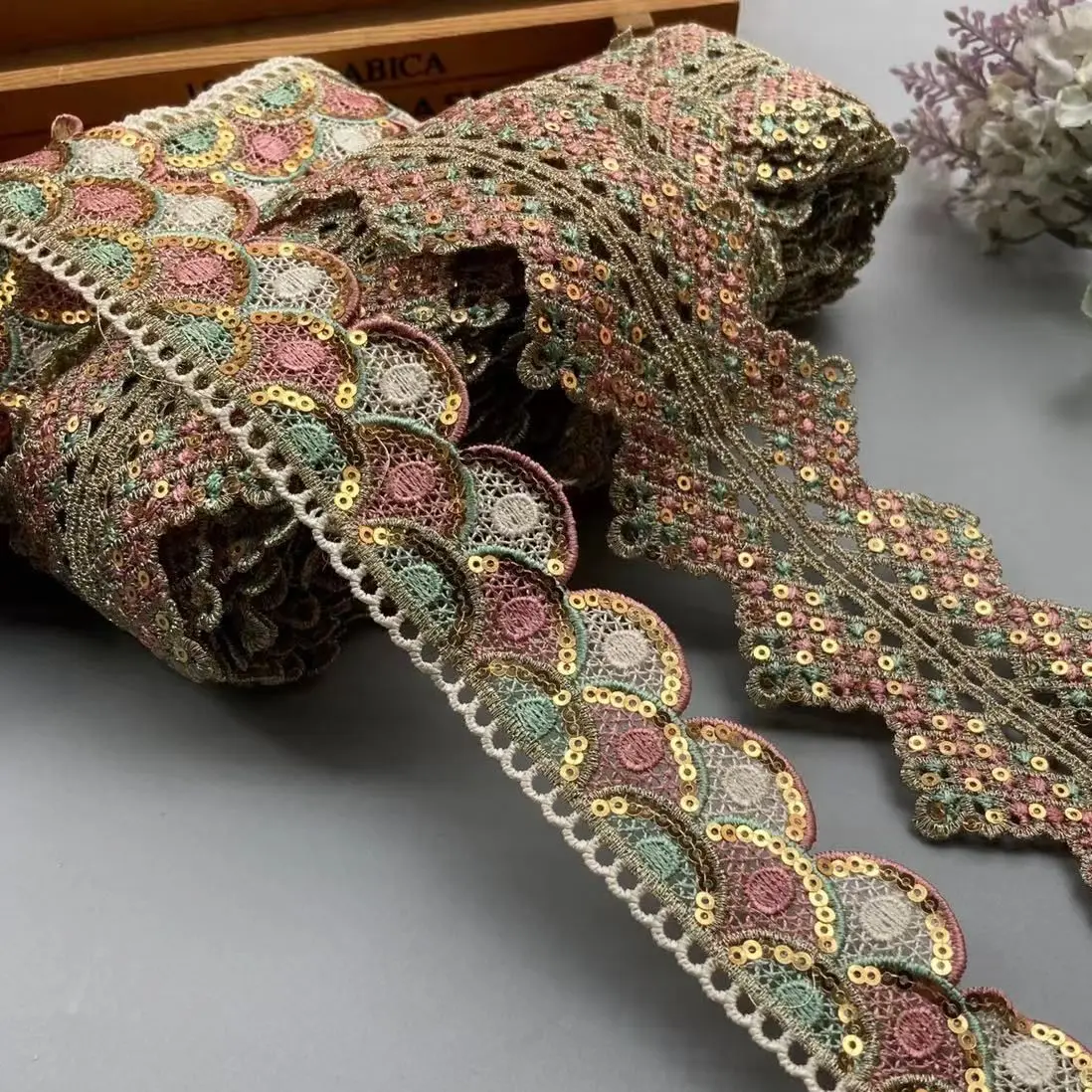 

2 Yards Ethnic 35mm 65mm Gold Thread Sequins African Lace Trims Geometric Lace Ribbon DIY Sewing Dress Decoration Bridal Lace
