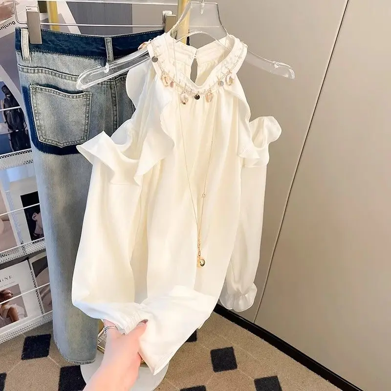 2024 New Summer Streetwear Versatile Halter Solid Color Mid Length Flare Sleep Ruffles Embroiled Flares Women's T-shirt Top