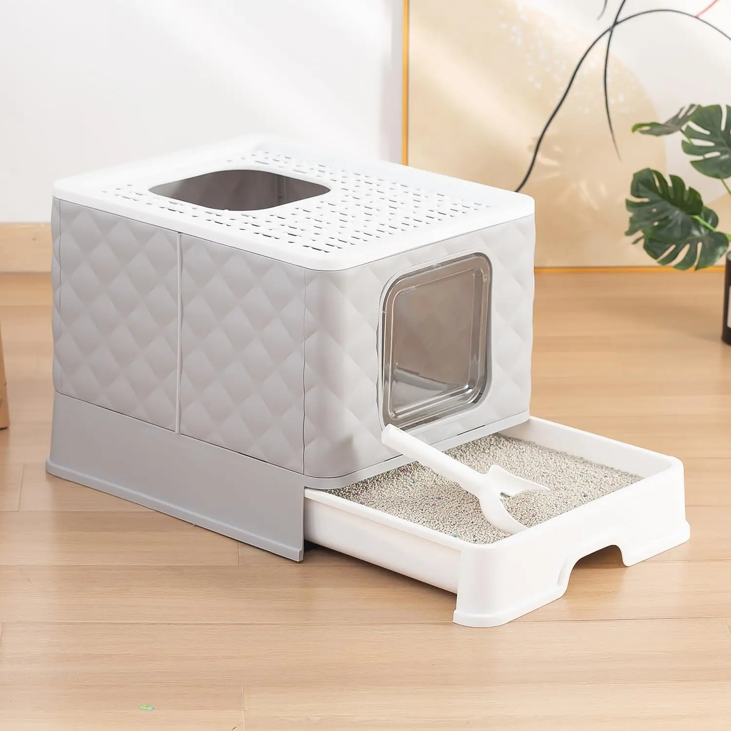 Foldable Cat Litter Box with Top Exit & Front Entry | Jumbo Size Enclosed Design & Built-in Scoop Storage | Splash-Proof Litter
