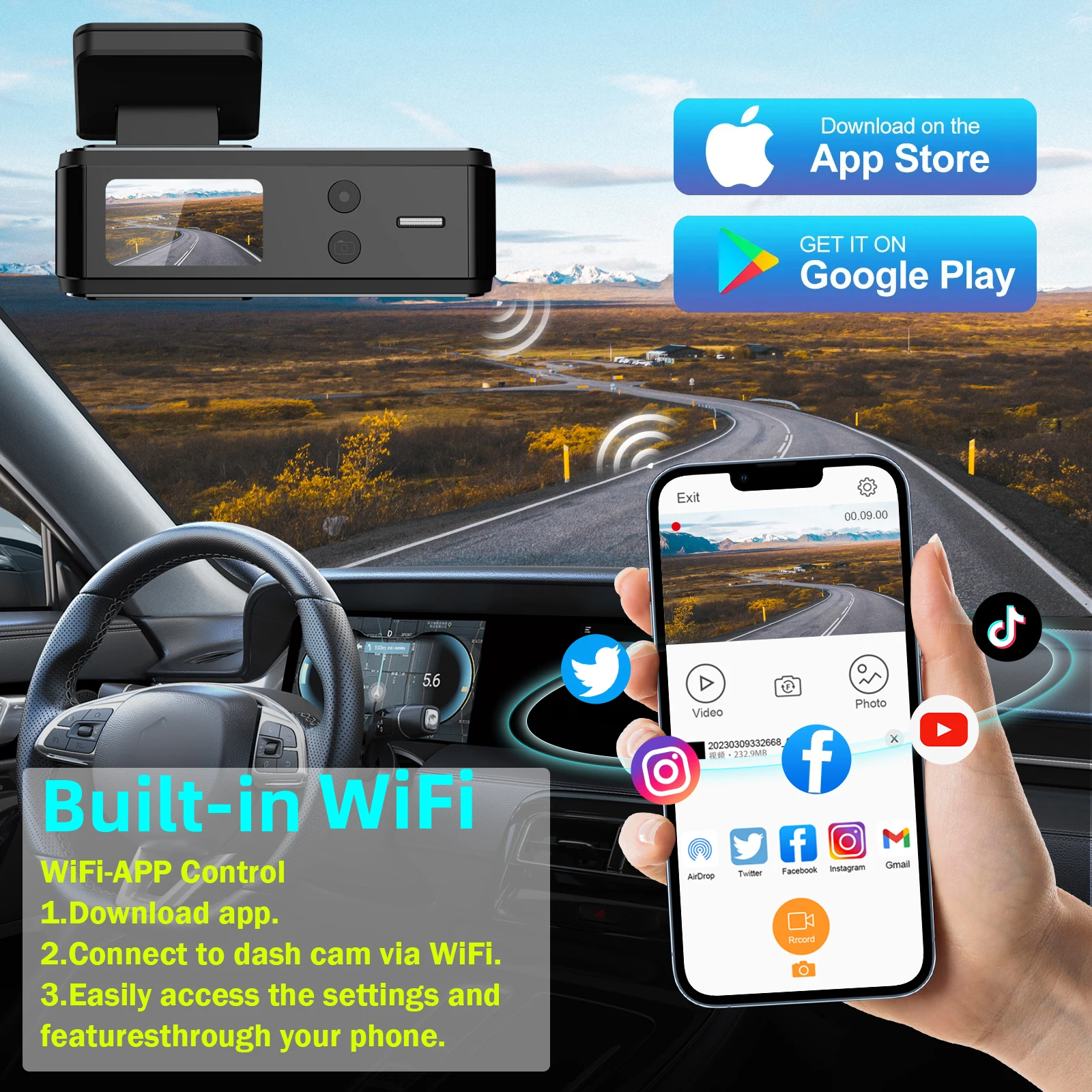 4K WIFI Dash Cam 2160P Car DVR Support front & rear lens Night Vision G-Sensor 24H Parking Monitor