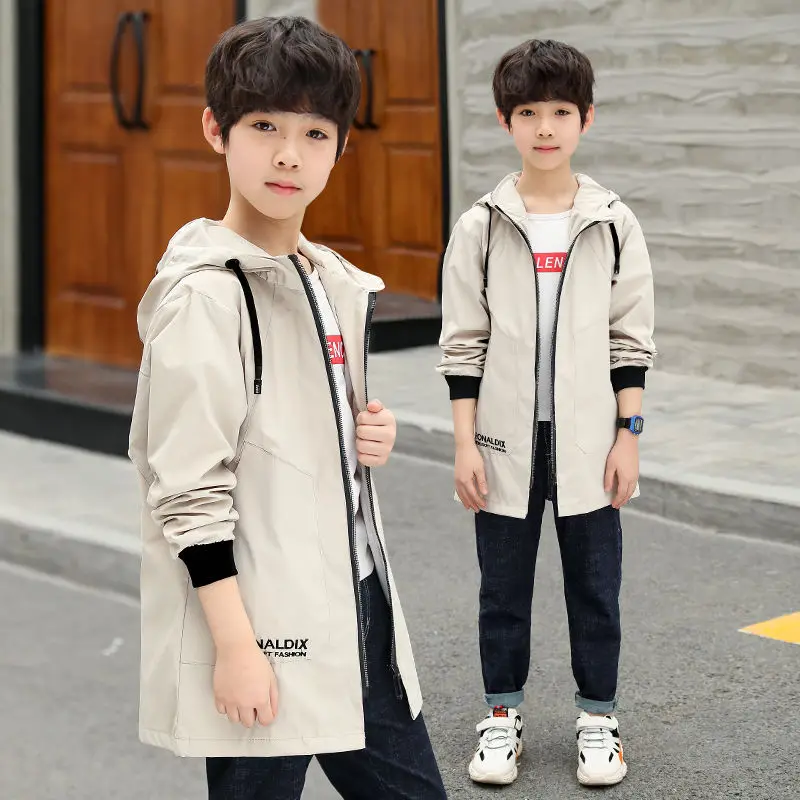 Boy Hooded Jacket Spring Autumn Trench Models Long Windbreaker Tide Teenager Kids Fall Clothes Children's Coat 2 To 14 Years Old
