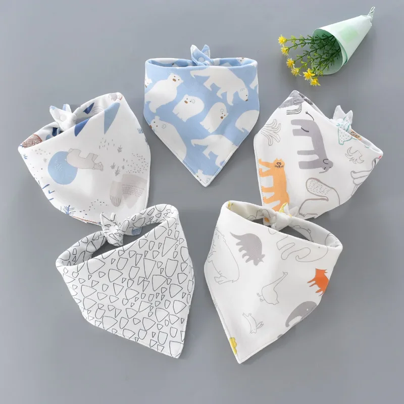 5pcs/lot cotton bib Pure Cotton Baby Bibs Triangle Double Cotton Bibs Cartoon Print Saliva Towel Baby Boys Girls Feeding Apron
