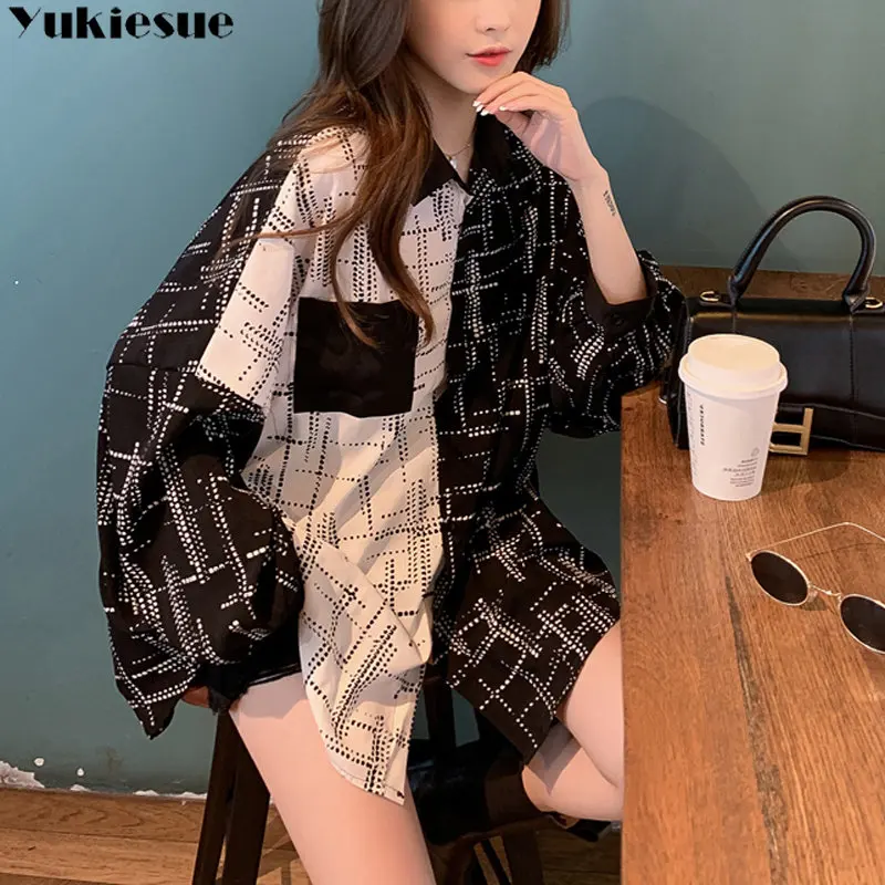 

Casual Blouse Femme Long Sleeve Cardigan Shirt Top Women Spring Korean Style Vintage Plaid Print Loose Design Sense Versatile