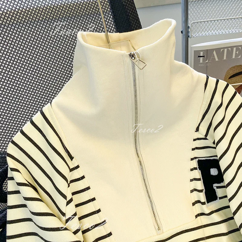 Tesco Classic Striped Women's Hoodies Stand Collar Long Sleeve Sweatshirts Casual Korean Style Hooded Shirt For Lady Spring Wear