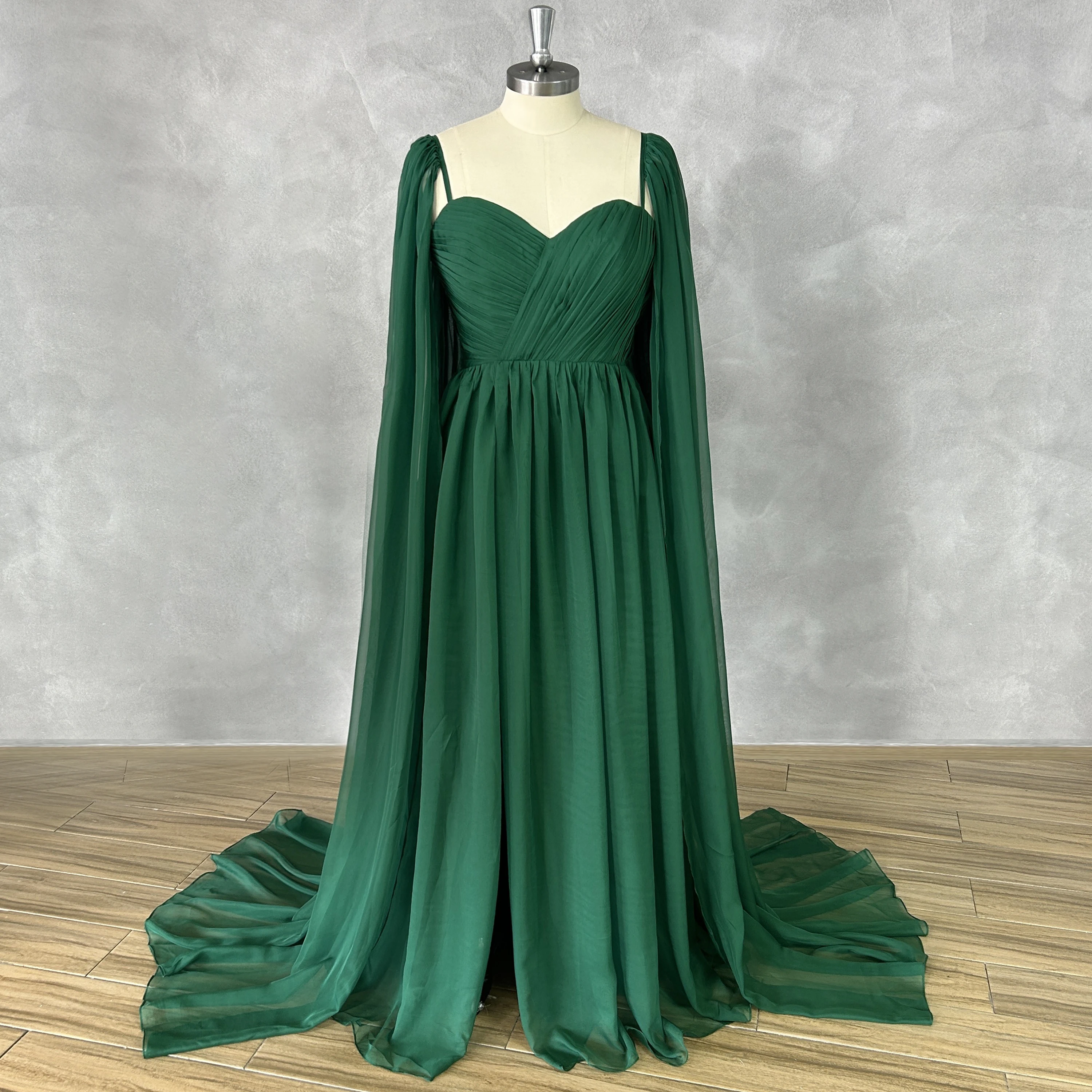

DIDEYTTAWL Real Photos V-Neck Long Sleeves Pleats Prom Dress Chiffon Lace Up Back A-Line High Side Slit Court Train Evening Gown