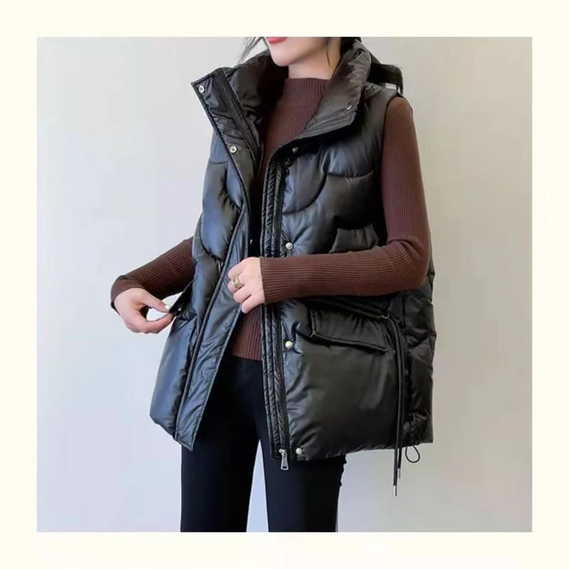 

Stand-Up Collar Shiny Down Cotton Vest Women Autumn Winter Sleeveless Coat Jacket Overcoat Quilted Padded Warm Thick Puffer Vest