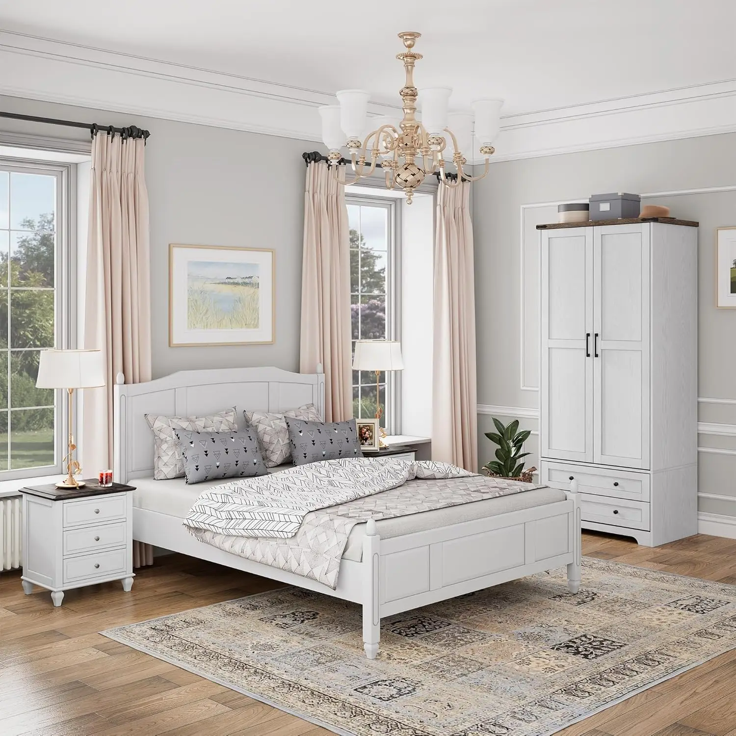 Wardrobe Closet with 2 Modern Doors, 71" Tall Freestanding Closet Wardrobe Cabinet with Drawers and Hanging Rail,