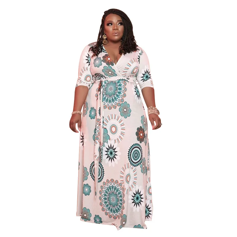 Dresses Plus Size Women Clothing Flowers Print V Neck Fashion with Belt Half Sleeve Elegant Maxi Dress Wholesale Dropshipping