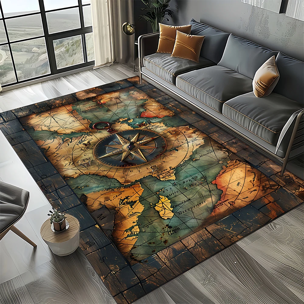 Nautical Map Rug – Retro Marine Compass Carpet | Non Slip Floor Mat for Living Room