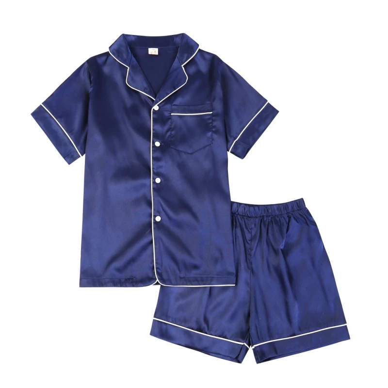 

4-10 Years Childrens Solid Pajama Set Summer Short Sleeve And Short Satin Pyjamas Suit Kids Silk Comfortable Sleepwear Set