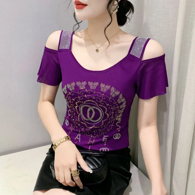 

Женская Сетчатая футболка с открытыми плечами, голубая Повседневная футболка в европейском стиле с блестящими стразами, лето