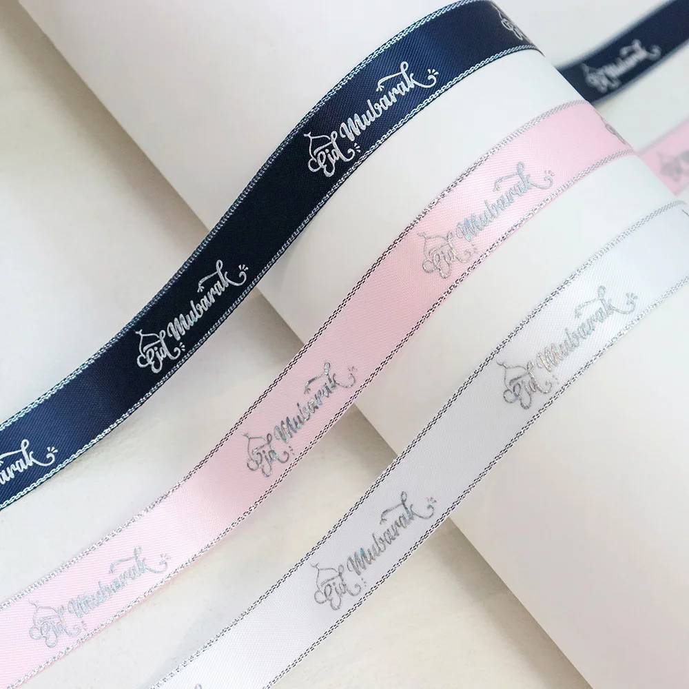 9mm 16mm Gold Silver Foil Eid Mubarak Printed Gold Silver Edge Satin Ribbon For Muslim Al-Fitr Party DIY Supplies Decoration satin ribbons ribbon decoration ribbon supplies satin ribbon