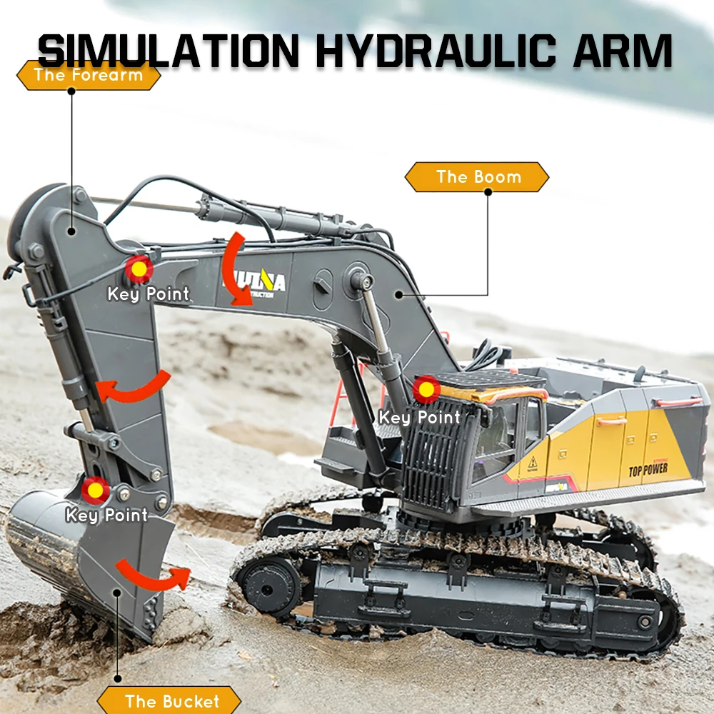 Huina 1592 RC Excavator 1:14 Alloy Remote Radio Controlled 22Ch Big Engineering Vehicle Simulation Navvy RC Truck Toy for Boy 3