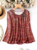 Plus - Size Women's Clothing: Red Floral Elegant Retro Print Round - Neck Long - Sleeve Top