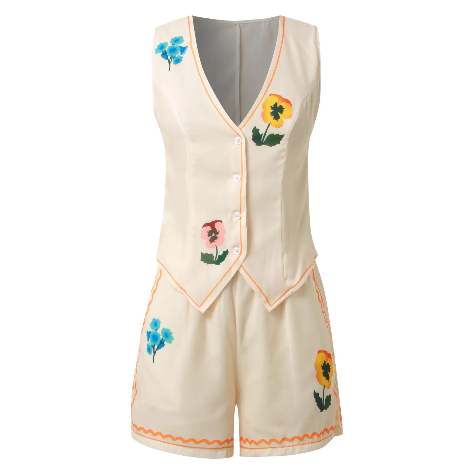 Vintage Floral Embroidered 2-Piece Summer Set – Vest & Shorts