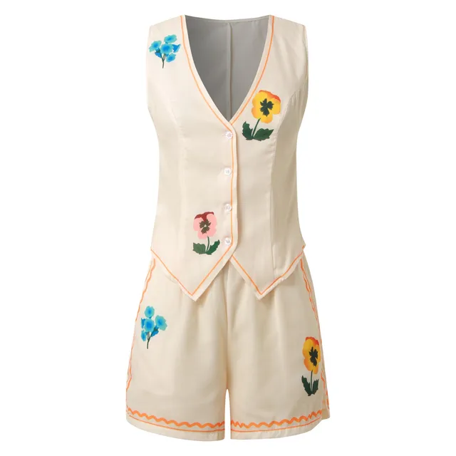 Vintage 2025 Summer Short Sets Floral Embroidery Woman 2 Piece Outfits V Neck Sleeveless Buttons Vest Top + Short Pants Suit 5