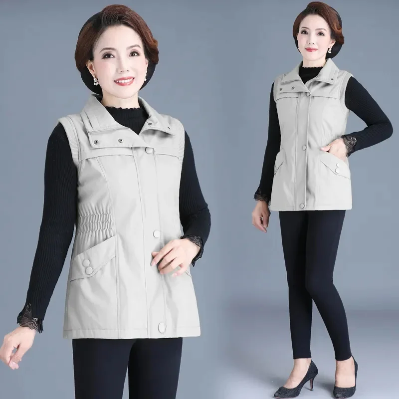 Korean Middle Aged And Elderly Women Vests Spring Autumn Mother's Clothing Pure Cotton Vest Female Cardigan Slimming Waistcoat