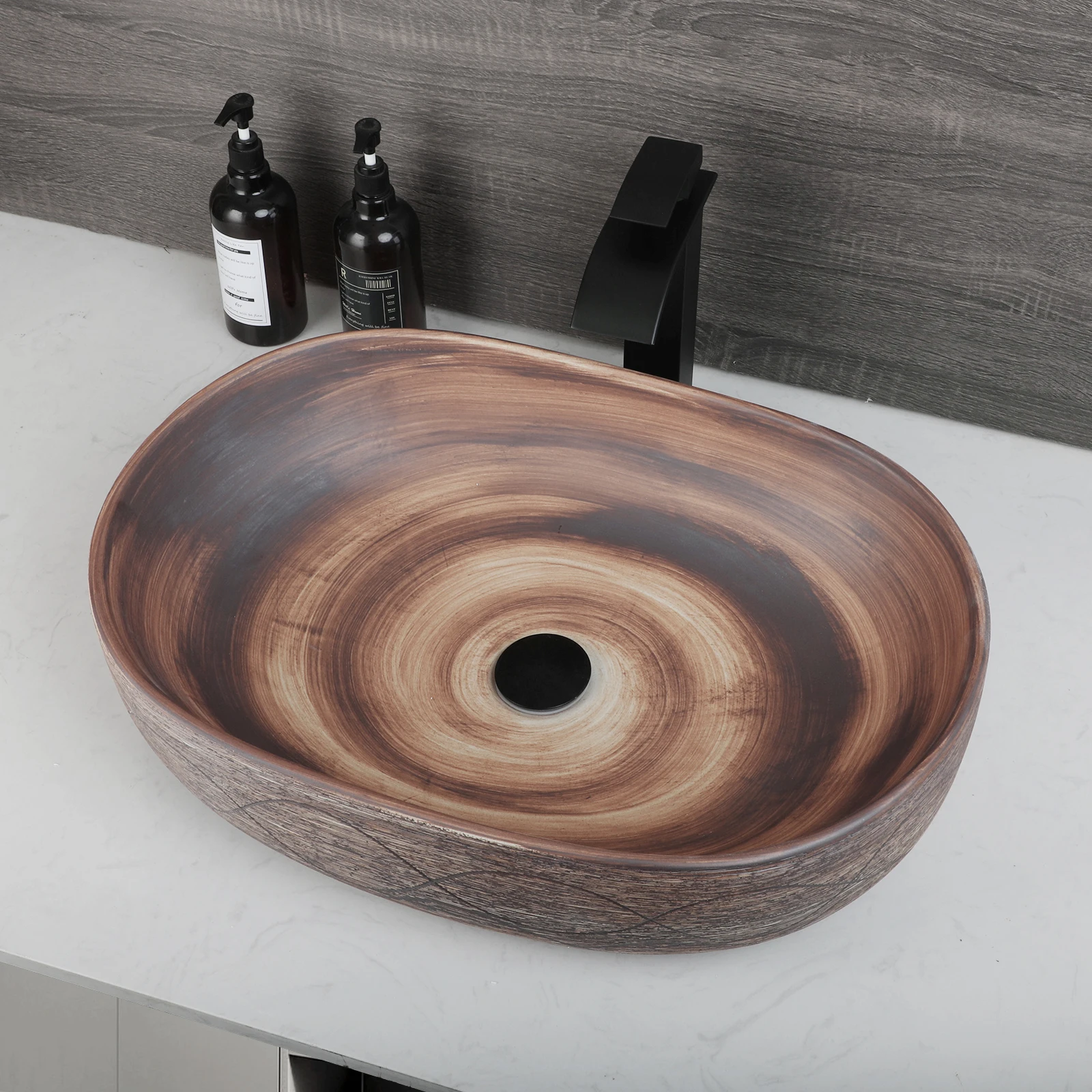 ZAPPO Wood Colored Ceramics Bathroom Sink Vessel Sink for Bathroom  Above Counter Ceramic Bathroom Vanity Vessel Sink Bowl 3