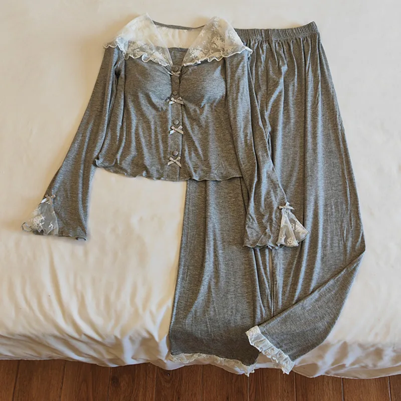 High Quality Women's Pajamas Set Chest Pad Modal Sleepwear Soft Comfortable Home Clothing Long Sleeve Ladies Pijamas De Mujer