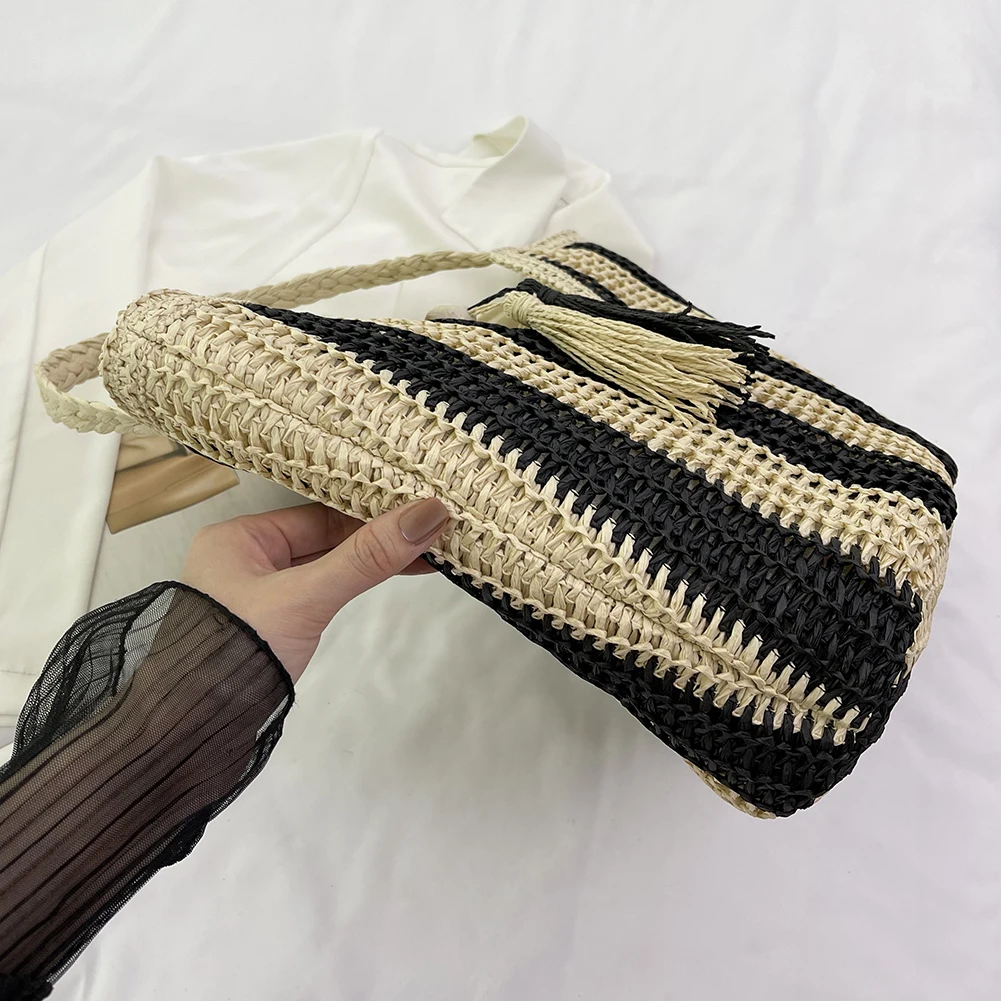 Striped Straw Beach Bag Large Vacation Bag Woven Holiday Travel Handbag with Tassel for Women Work Travel Vacation