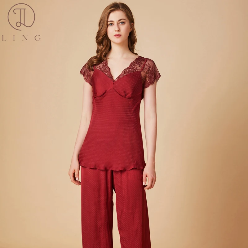 

Ling Lace Solid Pajamas for Women 2PCS Sets 100% Polyester Calf-length Pants Female Sleepwear Homewear Imitation Silk Fabric