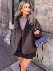 Women's Lapel Vintage Faux Leather Lambswool Motorcycle Jacket Single Breasted Pocket Thick Warm Street Coat 2024 Winter Outwear