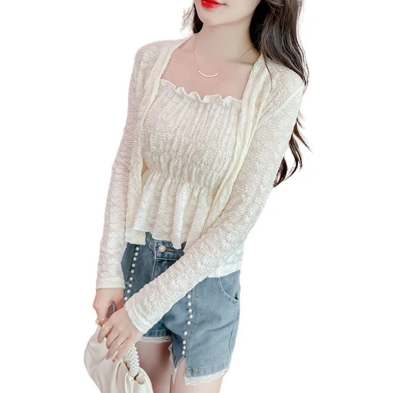 

XL 2023 New Women Summer Loose Thin Blouses Lady Fashion Casual Long Sleeve Cardigan Solid Color and Sling Clothing Tops WY0932