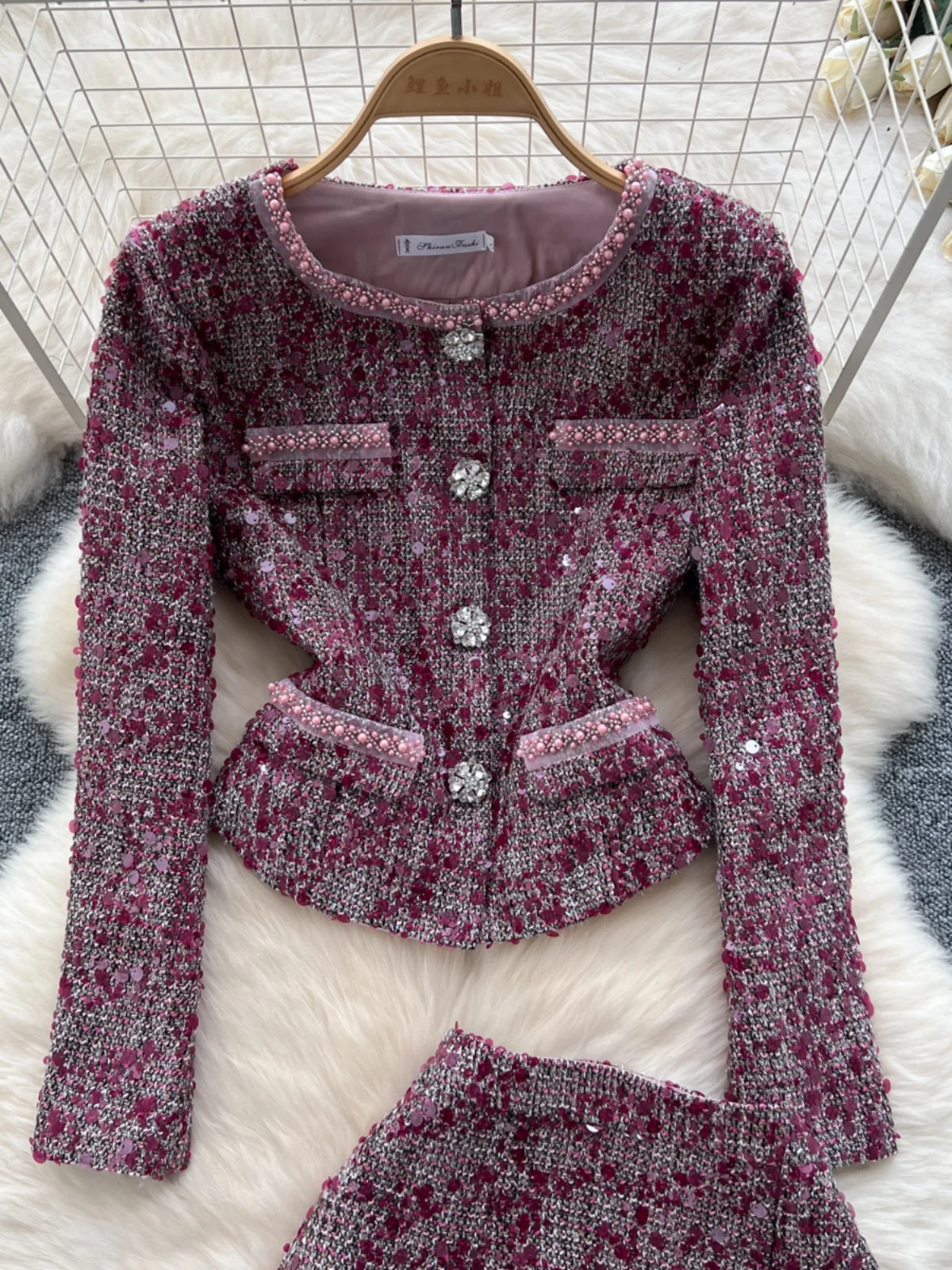 Celebrities Style Autumn Clothes Two-piece Sets Women's Clothing High-end Round Neck Sequined Jacket and Slim-fitting Skirt 2