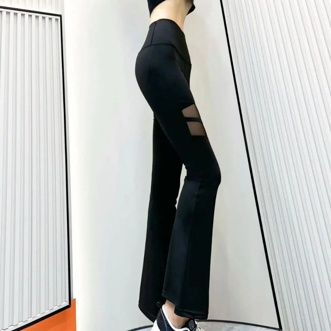 Black Patchwork Gauze Yoga Flared Pans Women High Waited Slim Spring Summer New Fashion Versatile Casual Elastic Thin Trousers