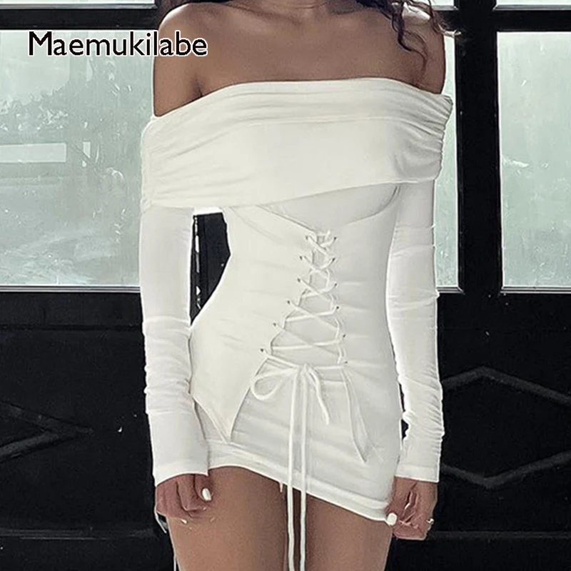 

Женское облегающее платье с открытыми плечами Maemukilabe, винтажные Корсеты с высокой талией и завязками, мини-платье, элегантные коктейльные платья с открытой спиной