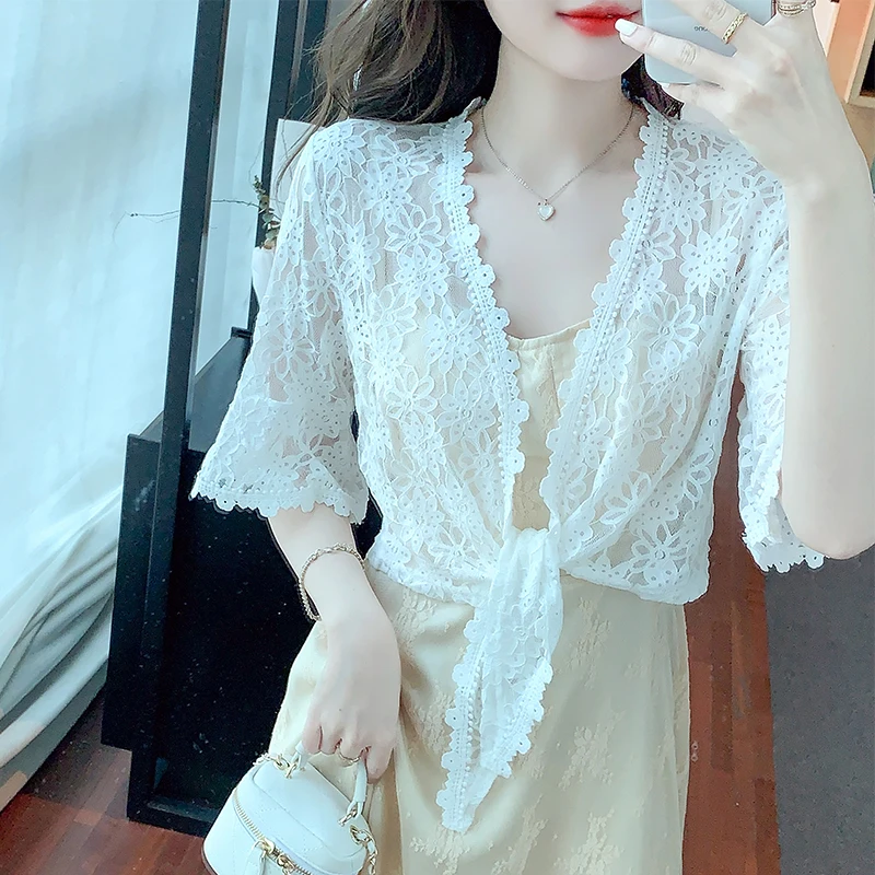 3511 블랙 화이트 베이지 랩 레이스 기모노 재킷, 얇은 레이스 자외선 차단 코트, 여성용 반팔 가디건, 겉옷 시스루