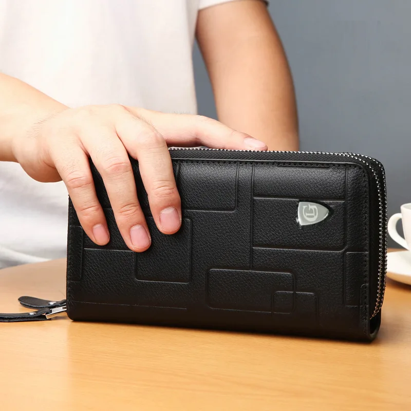 Genuine Top Layer Cowhide Men's Handbag Dual Zipper Wallet Phone Card Holder Multi-functional Clutch