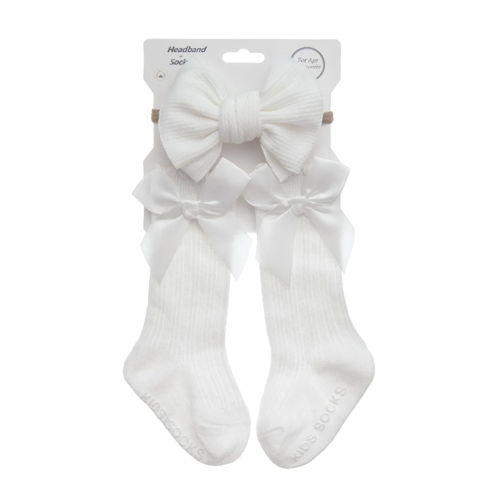 3-Piece Baby Cotton Knee Socks and Hair Bow Headband Set