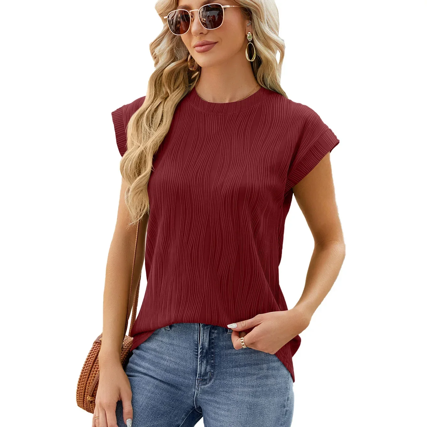 Cotton Viscose Round Neck Tucked Summer Tee