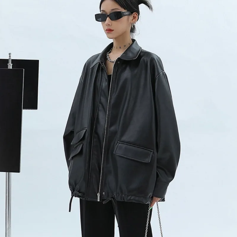 Oversized Casual Waterproof Outwear for Women, Soft PU Leather Jacket, Drop Shoulder, Long Sleeve, Black, Fashion, Autumn, 2024