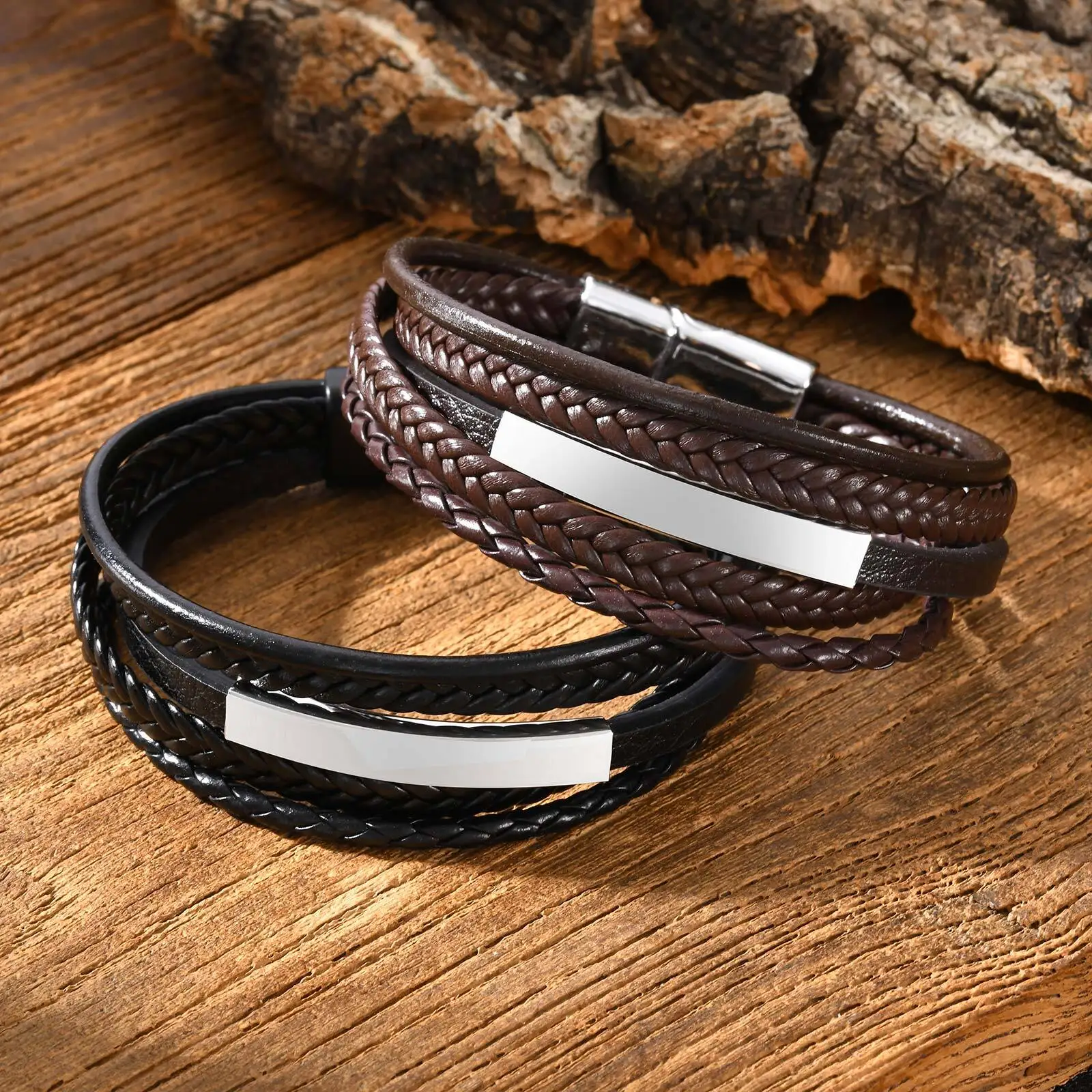 Free Custom Men's Chunky Leather Bracelet,Stainless Steel Long Bar Charm Wristband,Personalized Jewelry Gift