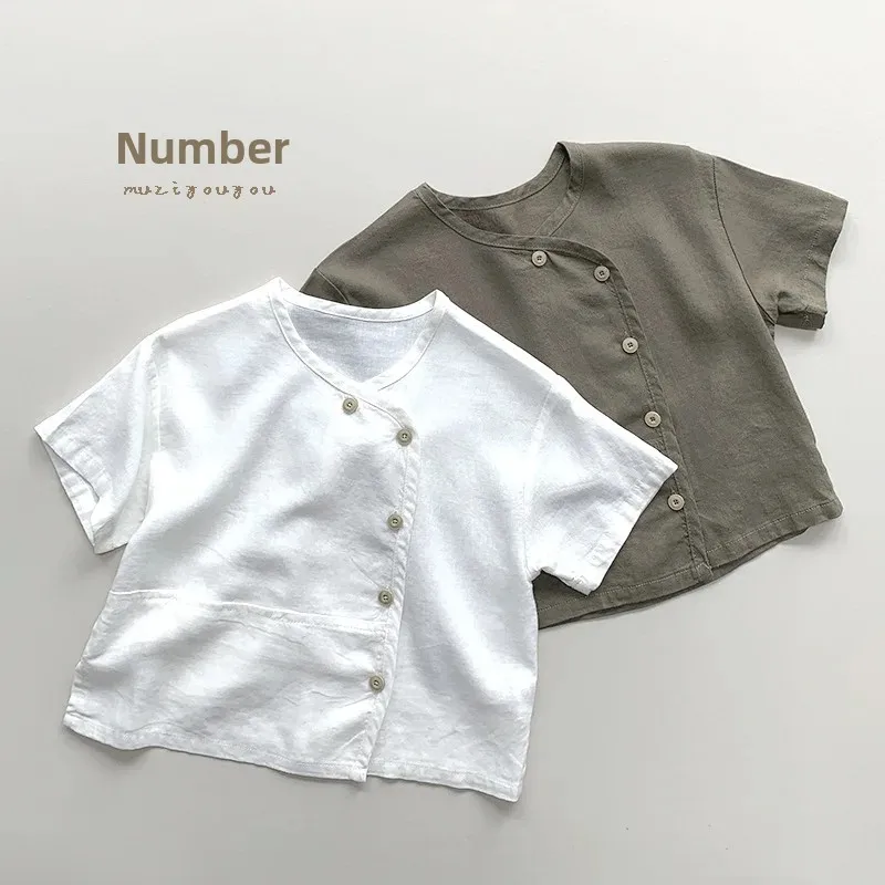 Cotton Linen Style Short Sleeve T-Shirt Children's Fashion Retro Wind Clothing for Boys And Girls Kids Personalized Korean Versi
