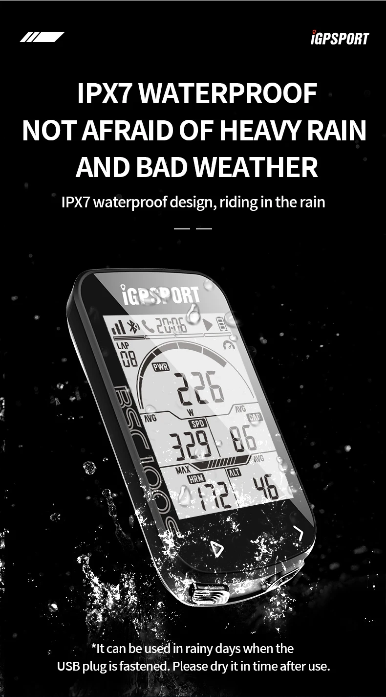 BCS100S Bike Computer BLE ANT+ 2.6 Inch IPX7 Type-C 40H Battery Life Auto Backli