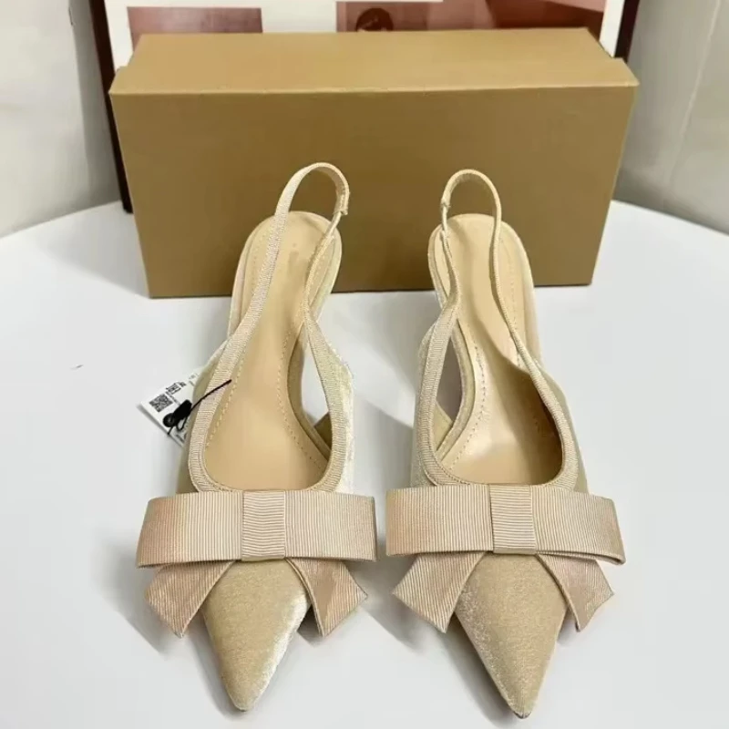 Women High Heeled Shoes Pointed Toe Slingbacks Bowknot Decoration Elegant Vintage Wedding Party Dress Sandals for Ladies