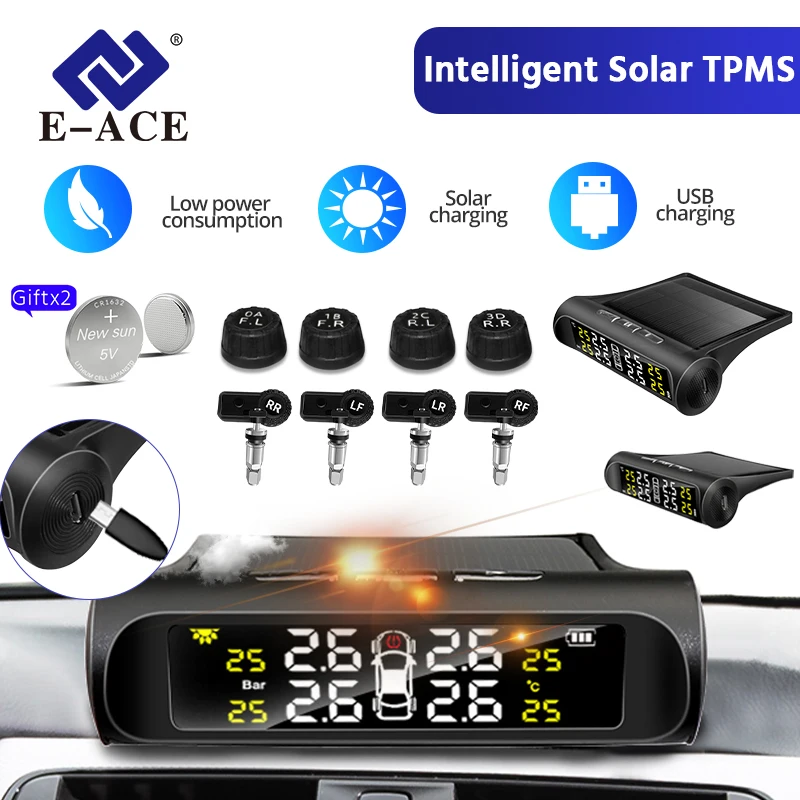 Car Tire Pressure Monitor E-ACE Tire Pressure Monitoring System Sensor Solar Wireless Built-in External Car Universal TPMS