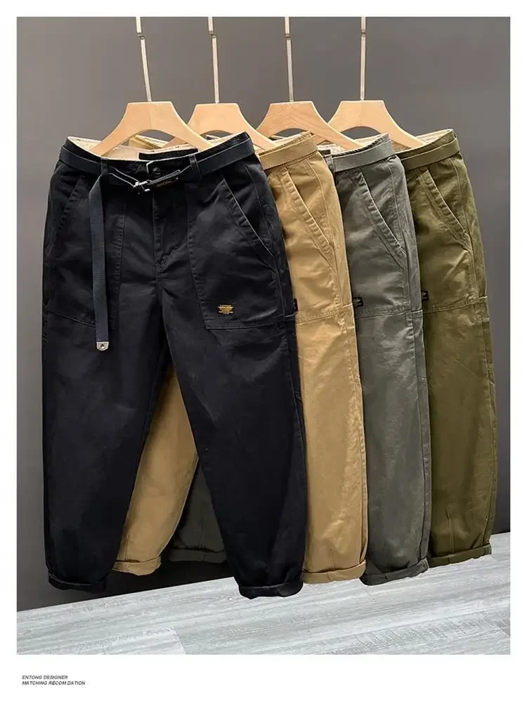 Herbst-Sommer Weite Baumwoll-Arbeitshose für Herren, Gerade Geschnittene, Strapazierfähige Taschenhose im Retro-Waschstil, Lässige Arbeitskleidung – Detail 15