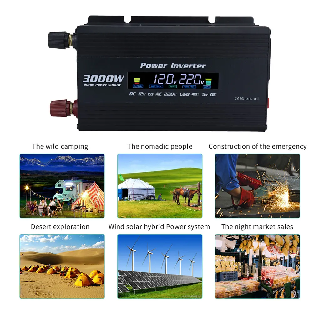 Sine Wave Car Inverter DC 12V to AC 220V Screen Display Short Circuit Protection Built-in Fan Automobile Converter Red/Black