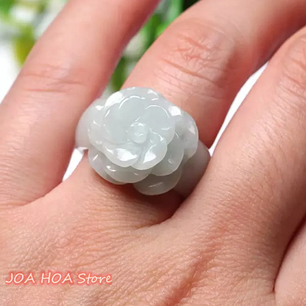 

Flower Ring Natural-Jade Women Jewelry Genuine Burma Jades Stone Emerald Rose-Ring Real Jadeite Handrings Fine Jewellery