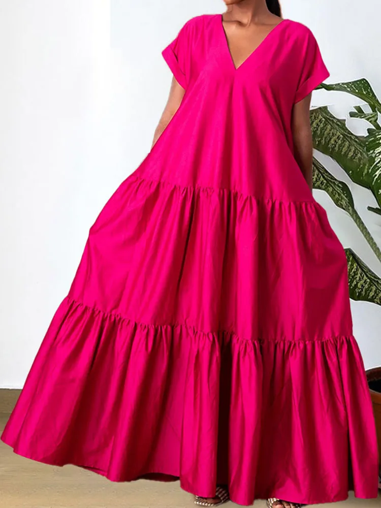 Solid Multilayer Patchwork Ruched Loose Fit Maxi Dress Women Spring Summer Outfits Short Sleeve V-neck Party Club A-line Desses