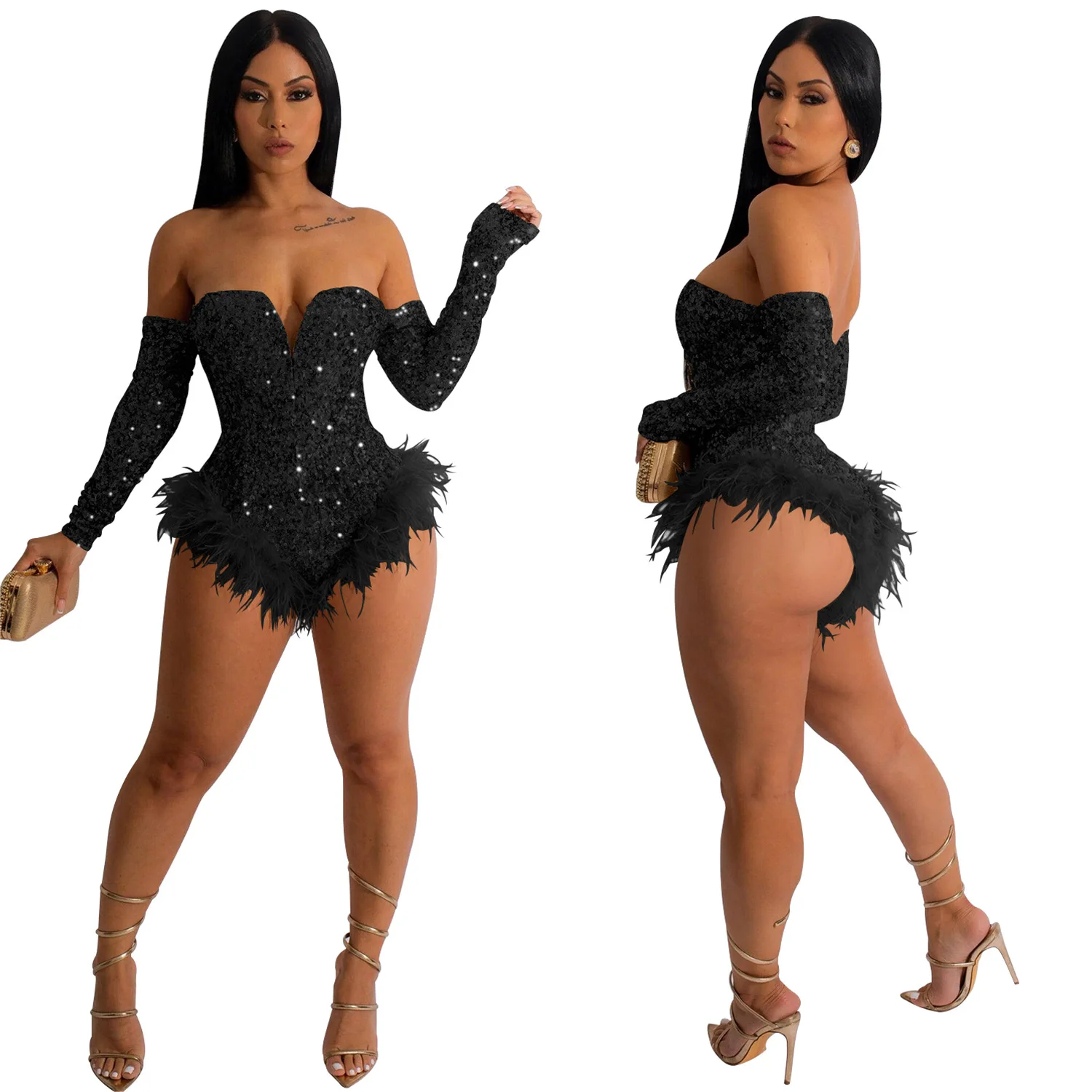 EINYOO Women's Off-Shoulder Long Sleeve Playsuits Sequin Prom Sexy Dancing Jumpsuit Bodysuits Feather Club Dress Traf Y2K Zevity