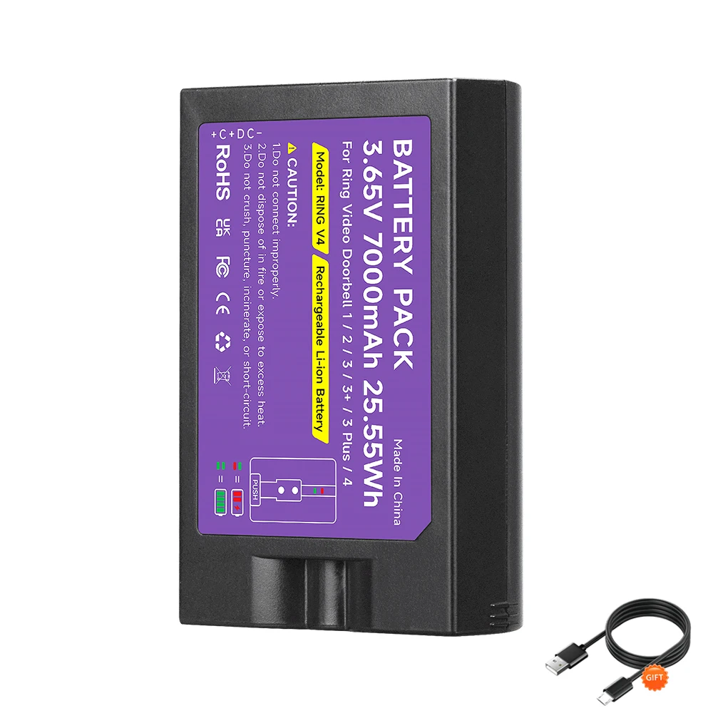 7000 mAh wiederaufladbarer Akku für Ring Video Doorbell 1 2 3 + 4 für Ring-Video V4 1/2/3/3 Plus/4 Stick Up Cam Akku (2. und 3.)