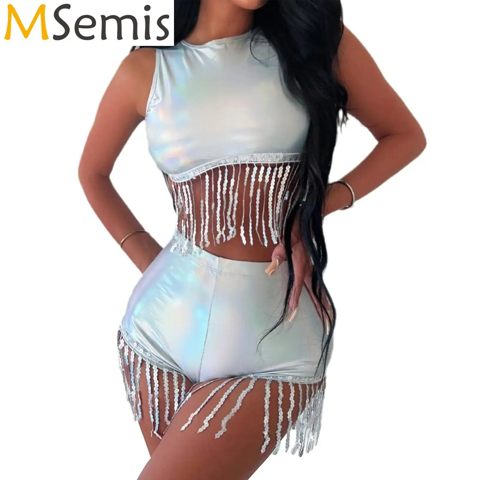 

Womens Metallic Shiny Sequins Tassel Rave Outfits Pole Dance Performance Costume Sleeveless Crop Tank Top with Booty Shorts