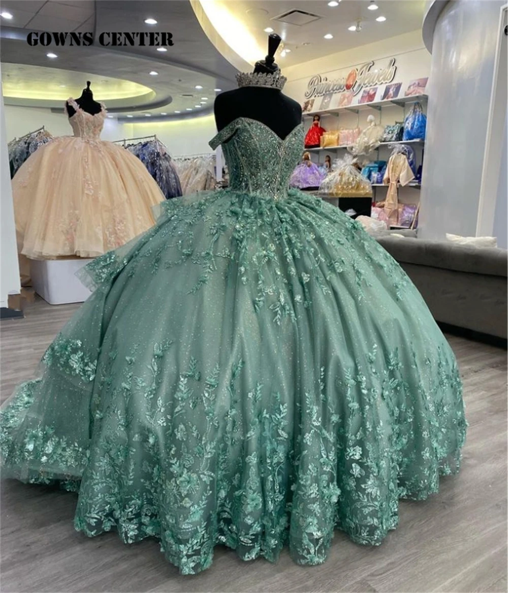 

Блестящее бальное платье с открытыми плечами и цветами из бисера, платье для Quinceanera, мексиканское Тюлевое милое платье 16, корсет, платья 15 лет